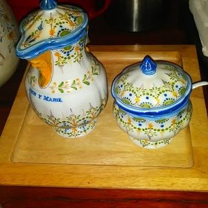 Beautiful signed, numbered hand painted large creamer and sugar set.